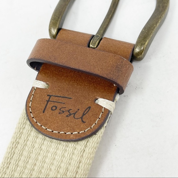 FOSSIL Women’s Canvas Leather Patchwork Belt Brass Hardware - Picture 2 of 8